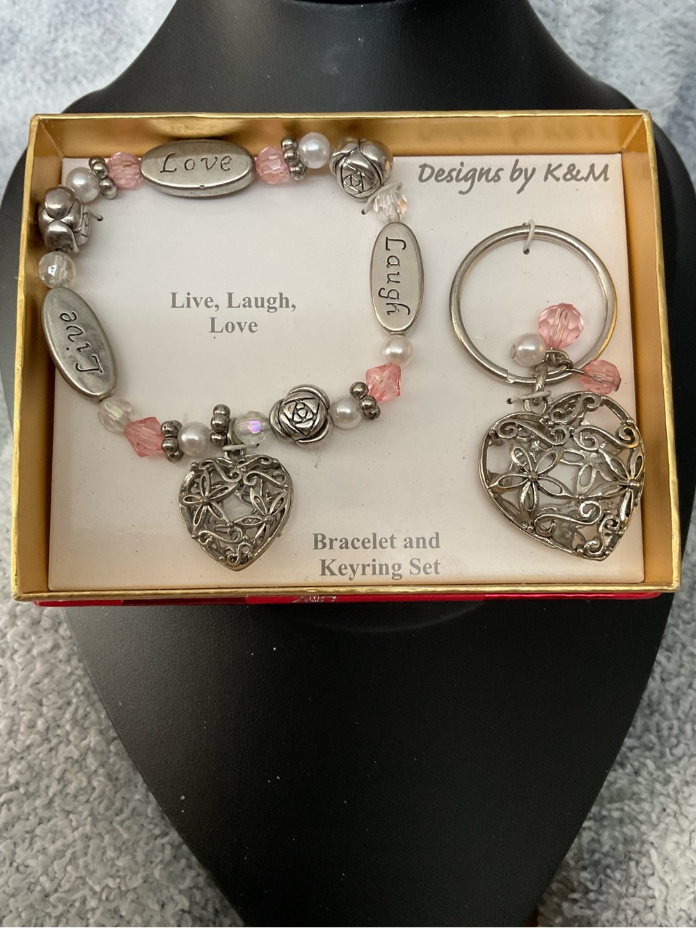 Live, Laugh, Love Pink and Silver Heart Bracelet & Keyring Set boxed